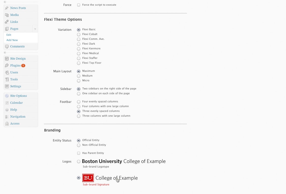 screenshot of WordPress admin in Boston University's custom WordPress development project