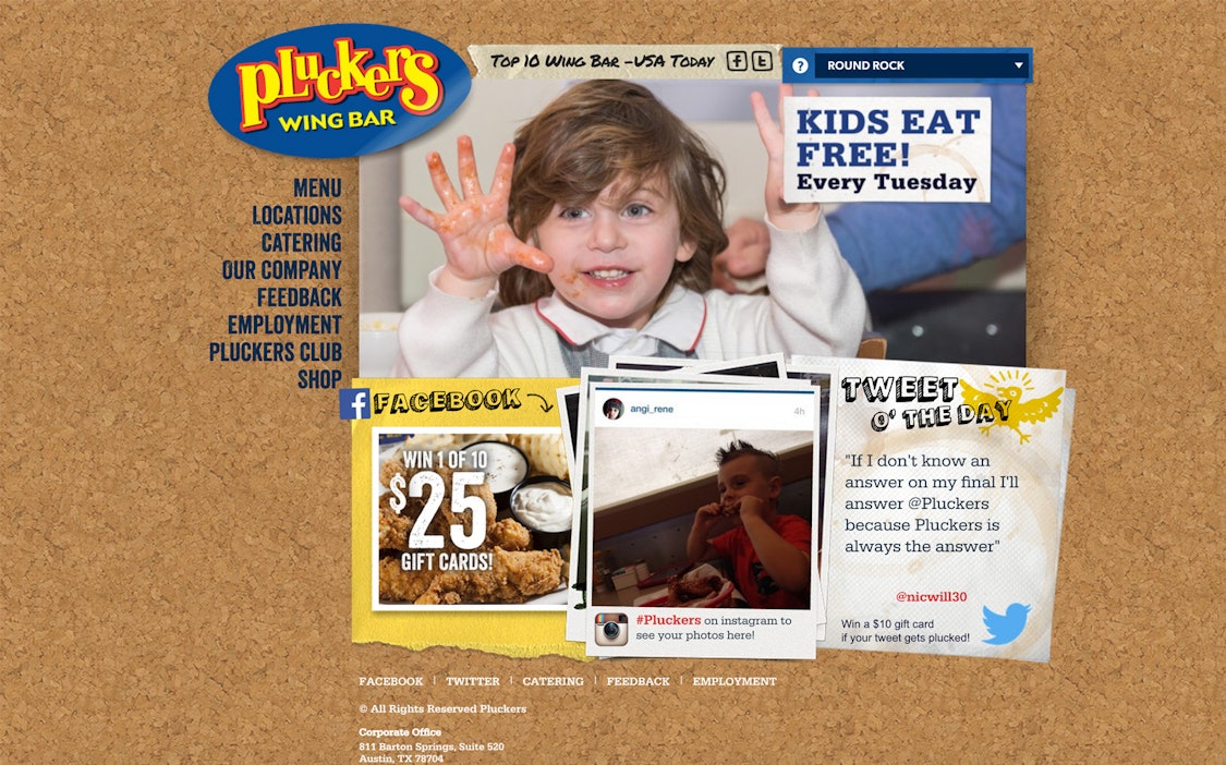 Restaurant website design for Pluckers showing homepage with 'Top 10 Wing Bar' and 'Kids Eat Free! Every Tuesday' and two kids eating wings, with navigation and Pluckers wing bar logo