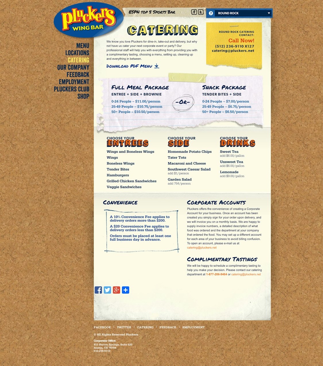 Pluckers screenshot 1 - Restaurant website design for the Catering page - Includes Full Meal Package, Snack Package, and Corporate account information