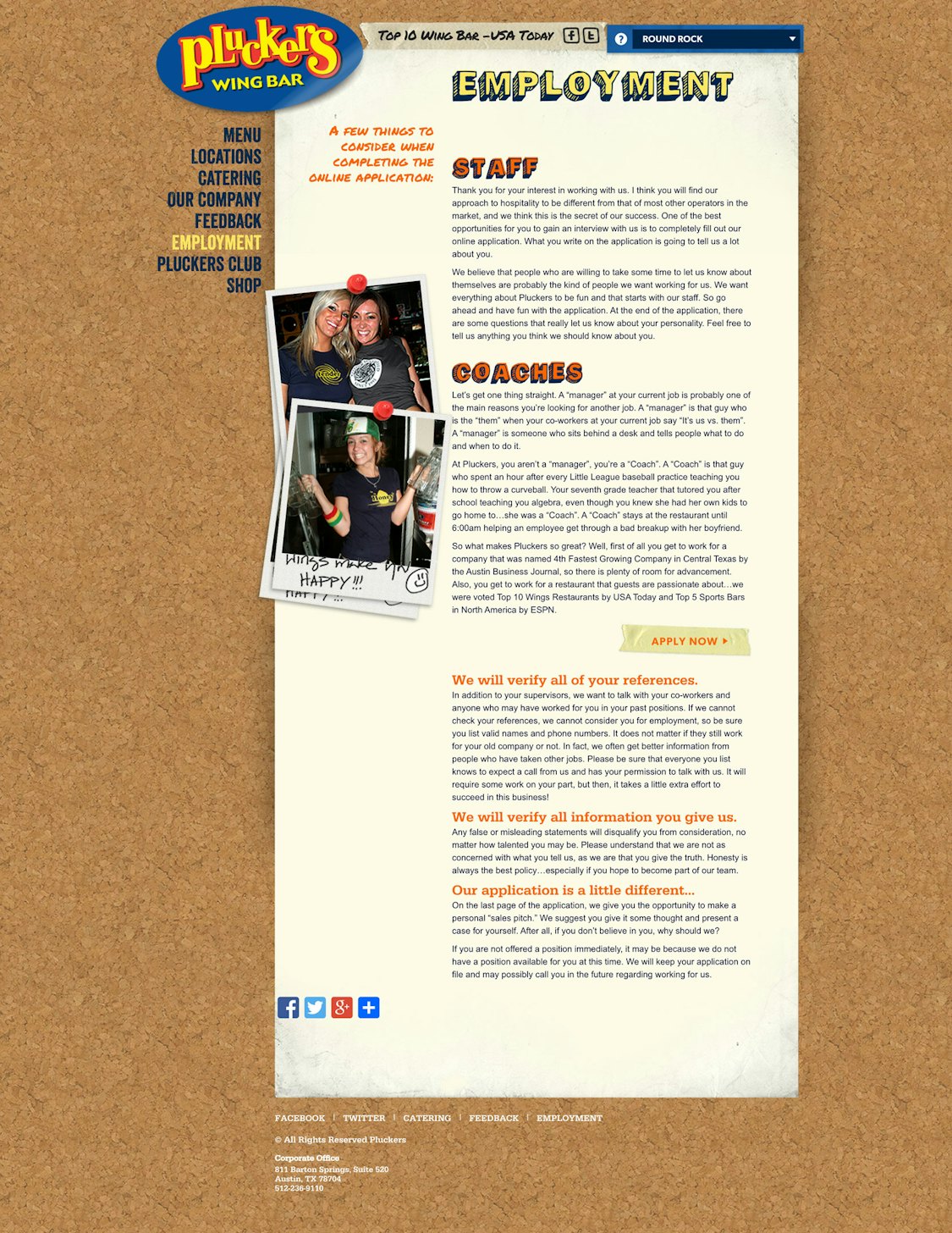 Screenshot 3: Restaurant website design shows Pluckers website logo and website content related to the restaurant's history