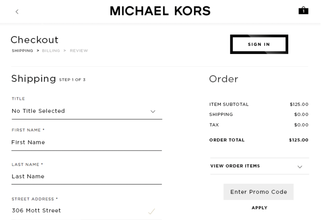 Screenshot of Michael Kors' website checkout
