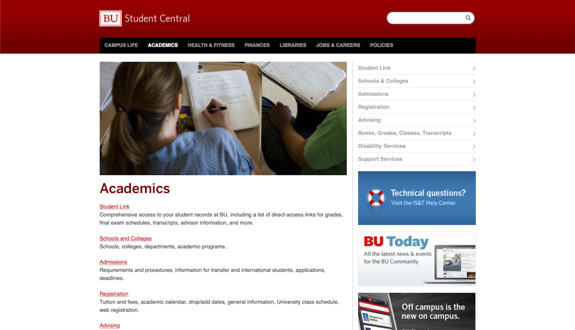 screenshot of Boston University Student Center website